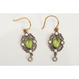 A PAIR OF PERIDOT AND OPAL DROP EARRINGS, each designed as a central oval peridot cabochon within