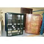 TWO MODERN WALL HANGING DISPLAY CASES WITH MIRRORED INTERIORS, a cigar case and another display case