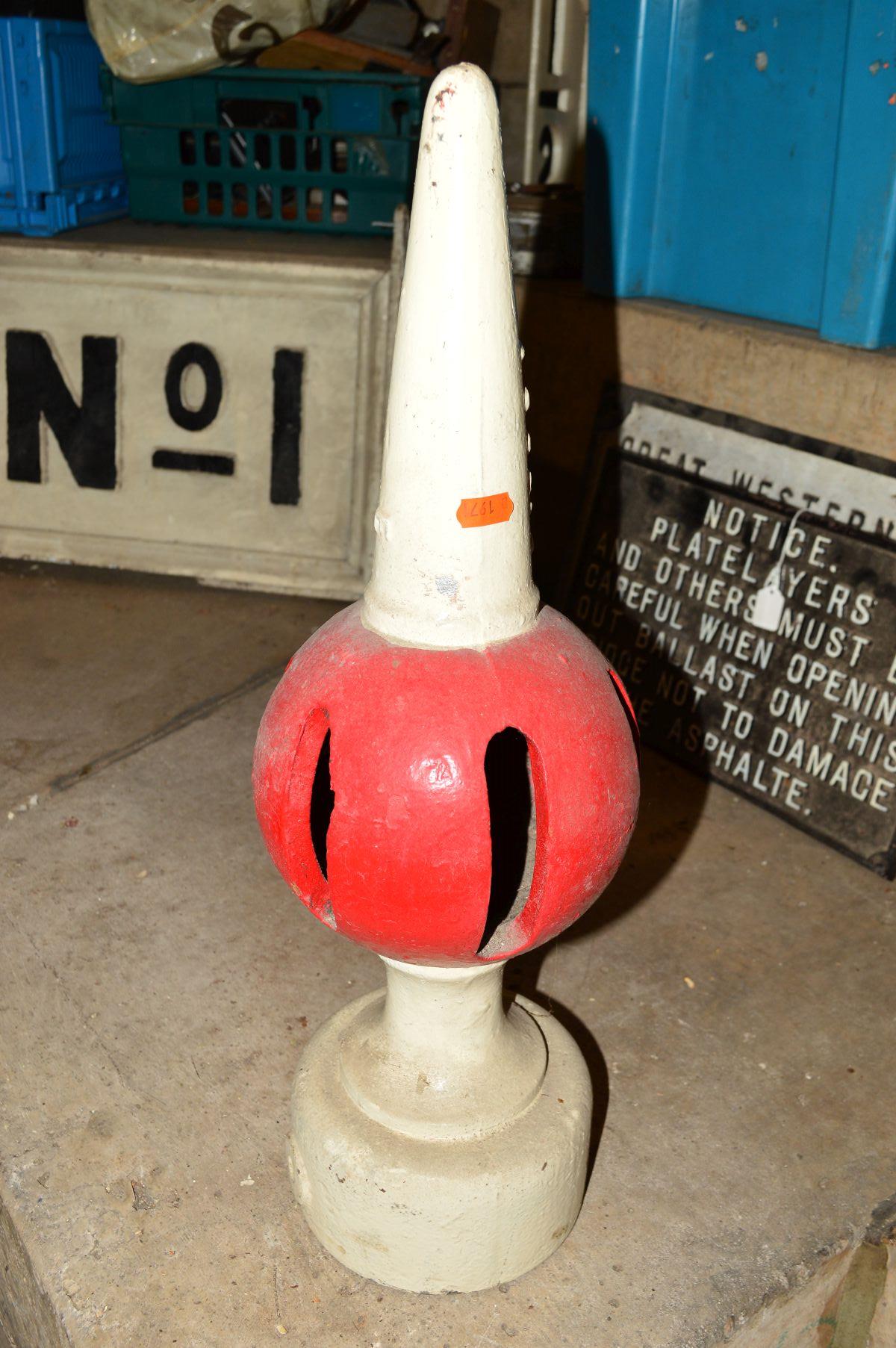 A CAST IRON BALL & SPIKE SIGNAL POST FINIAL, restored, white with red ball, stamped G179CA and E, - Image 2 of 2