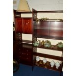 A LADDERAX MAHOGANY TWO SECTION WALL SHELVING SYSTEM comprising of three laddered uprights,