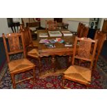 AN EARLY 20H CENTURY FRENCH OAK DRAW LEAF DINING TABLE, the top with parquetry detail, extended