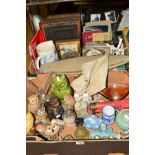 TWO BOXES OF OWL ORNAMENTS, wooden pond yacht, two oak biscuit barrels, books, vintage scales,