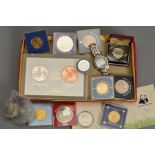 A BOX LID OF COINS AND COMMEMORATIVES, together with three Sterling silver medallions, Princess Anne