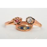 THREE EARLY 20TH CENTURY 9CT GOLD GEM SET RINGS, the first claw set with a circular garnet, the