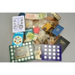A BOX OF MIXED WORLD COINS, with almost one Kilo of .500 UK coinage, a Lusitania copy medal, etc