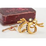 TWO BROOCHES, the first an 18ct gold sapphire and cultured pearl brooch of scrolling floral