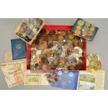 A BOX OF WORLD COINS, to include a 1983 UK year set First Decimal coins 1953 coin set, etc