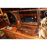 A GEORGIAN MAHOGANY BOWFRONT TOILET MIRROR, with three drawers, together with Edwardian mahogany