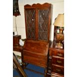 AN OAK LEAD GLAZED BUREAU BOOKCASE (sd)