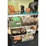 SIX BOXES OF CERAMICS, GLASSWARE, ELEPHANT ORNAMENTS, African pottery etc, including Edwardian china