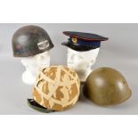 A PLASTIC STORAGE BIN CONTAINING A BRITISH ISSUE GS MK 6 KEVLAR HELMET, with Desert camo cover, a