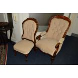 A VICTORIAN WALNUT BUTTON BACK OATMEAL UPHOLSTERED ARMCHAIR with scrolled armrests on carved front