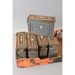 FIVE GREY COLOURED METAL AMMO BOXES FOR .30M1 CALIBRE AMMUNITION BY REEVES COMPANY USA, believed