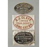 THREE ASSORTED OVAL CAST IRON RAILWAY WAGON PLATES, 'S.J. Claye Limited Builders Long-Eaton', raised