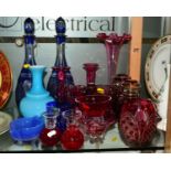 VARIOUS COLOURED GLASSWARES, to include pair blue flashed glass decanters, cranberry coloured vases,