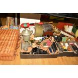 FOUR BOXES OF COLLECTABLES AND SUNDRIES, including vintage kitchen equipment, lace maker's