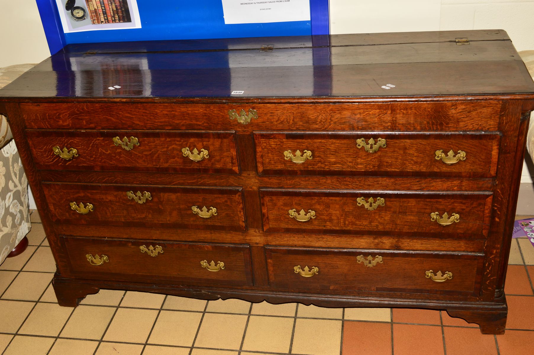 A GEORGIAN AND LATER OAK AND MAHOGANY BANDED COFFER, with six dummy drawers on bracket feet, width