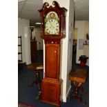 A GEORGE III OAK, MAHOGANY AND PARQUETRY INLAID 8 DAY LONGCASE CLOCK, swan neck pediment, the hood