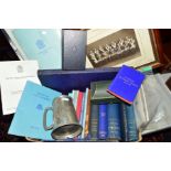 A BOX OF FREEMASONS BOOKS, PAMPHLETS, pewter tankard, etc, including a framed photograph ofm members