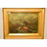 A.JORDAN, HIGHLAND CATTLE IN A MOUNTAINOUS LANDSCAPE, signed bottom right, dated 1915, oil on