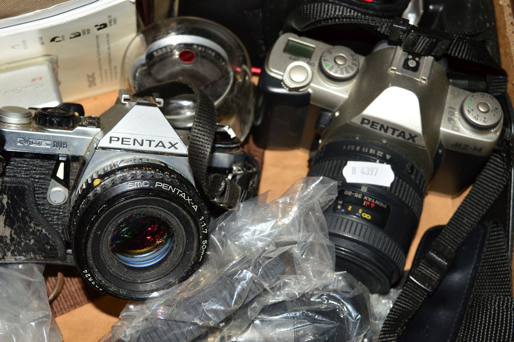 A TRAY OF CAMERAS AND EQUIPMENT, including a Pentax ME Super fitted with a 50mm f1.8 lens, a - Image 2 of 3