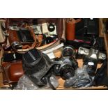 A TRAY OF CAMERAS AND EQUIPMENT, including a Pentax ME Super fitted with a 50mm f1.8 lens, a