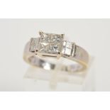 AN 18CT WHITE GOLD DIAMOND DRESS RING designed as a square of four princess cut diamonds with a