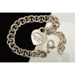 A TIFFANY & CO BRACELET, the belcher link chain suspending a heart shape panel reading 'Return To