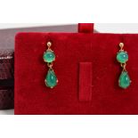 A PAIR OF 9CT GOLD DYED CHALCEDONY DROP EARRINGS, each designed as circular dyed green chalcedony