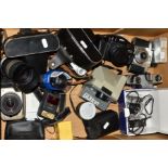 A TRAY OF CAMERAS AND EQUIPMENT, including two Zenit E with standard lenses, a Minolta Vectis with