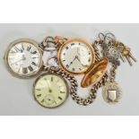 THREE LATE 19TH TO EARLY 20TH CENTURY POCKET WATCHES, A CHAIN, MEDALLIONS AND WATCH KEYS, all with