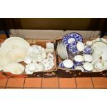 TWO BOXES OF LATE 19TH AND EARLY 20TH CENTURY CERAMICS, including blue and white tea wares, white