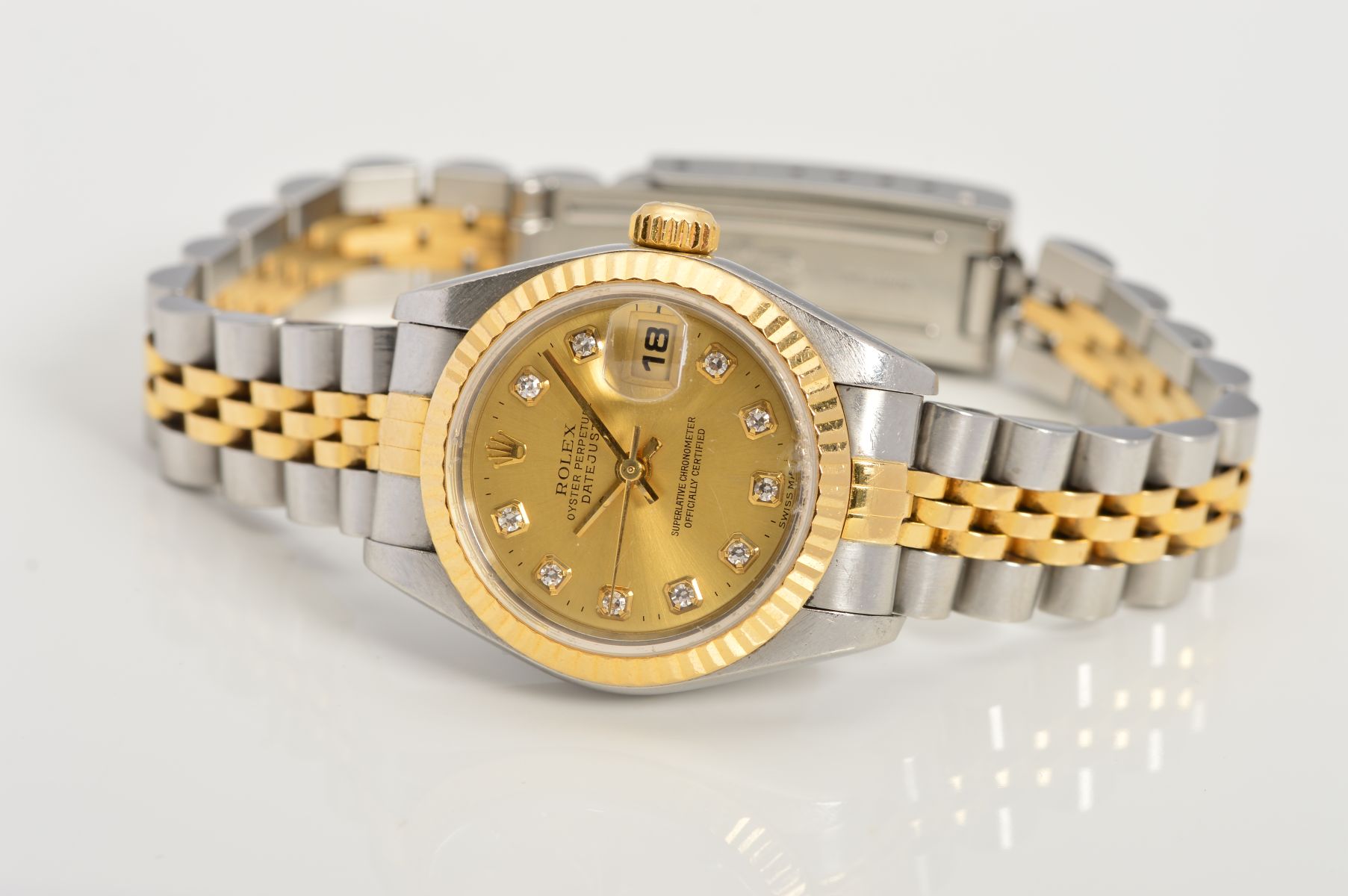 ROLEX 26MM DATEJUST, yellow bi-metal case and bracelet, fluted bezel, diamond dot champagne dial,