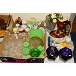 THREE BOXES AND LOOSE CERAMICS AND GLASS ETC, to include Sandland and unbranded character jugs,