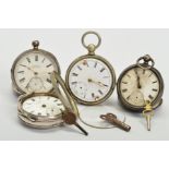 FOUR OPEN FACE POCKET WATCHES AND THREE WATCH KEYS, all watches with white faces and black Roman