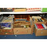 FOUR BOXES OF BOOKS, PICTURES, LP'S AND SINGLES, including modern oil on canvas landscapes,