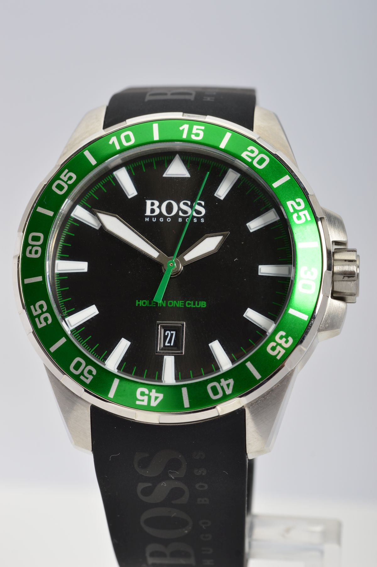 HUGO BOSS 'HOLE IN 1' WATCH, stainless steel case, rubber strap, green unidirectional rotating