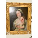 AN 18TH CENTURY STYLE PORTRAIT OF A MOTHER AND CHILD, the child is holding a seashell, unsigned, oil