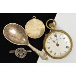 A POCKET WATCH, SPOON, BROOCH AND MEDAL, to include an open face pocket watch, a silver caddy spoon,