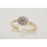 A 9CT GOLD DIAMOND CLUSTER RING, designed as a tiered cluster of claw set single cut diamonds,