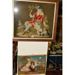 THREE VICTORIAN WOOLWORK PICTURES, the largest depicting a falconer with his hunting dog, framed,