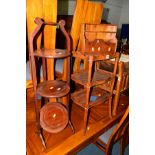 A MAHOGANY THREE TIER WHAT NOT, with wavy gallery, together with a folding cake stand and an oak