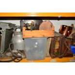 TWO BOXES PLUS LOOSE CONTAINING A COLLECTION OF MISCELLANEOUS, to include a galvanised milk churn,