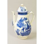 A LATE 18TH CENTURY CAUGHLEY COFFEE POT AND COVER, transfer printed in blue with Fisherman and