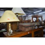 AN OAK OPEN BOOKCASE, pine hanging bookcase, two table lamps, etc (7)