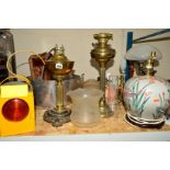 TWO BRASS OIL LAMPS, Corinthian columns, one funn el and two shades, various table lamps, a