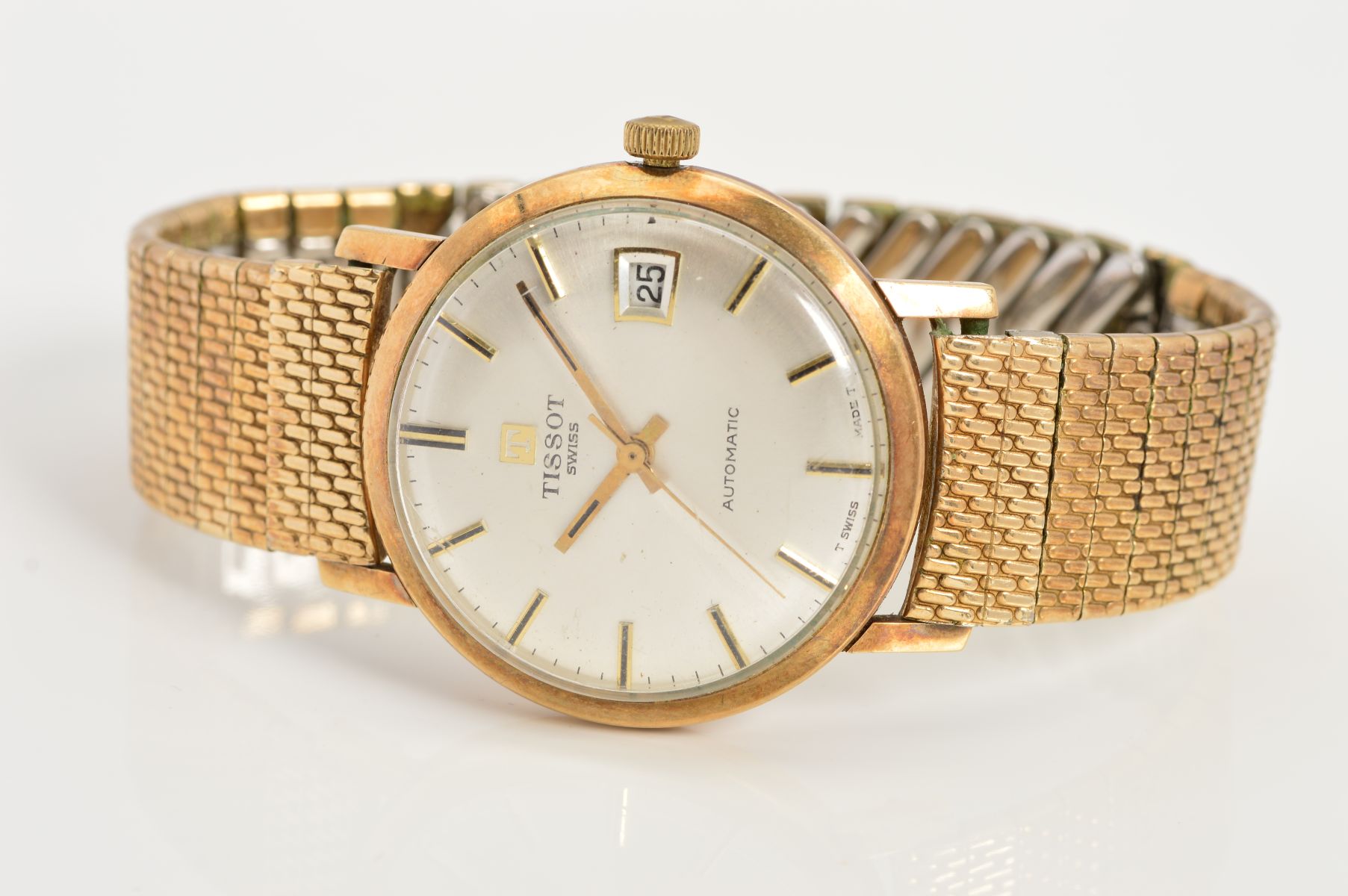 9CT TISSOT AUTOMATIC WATCH, date window at 3 o'clock, silver tone dial with batons, gold plated