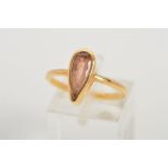 A TOPAZ RING, designed as a pear shape golden topaz within a collet setting to the plain band,