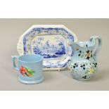 A VICTORIAN MINTON OPAQUE CHINA BLUE AND WHITE TUREEN STAND, a Victorian blue glazed pottery mug and