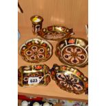 SIX ROYAL CROWN DERBY IMARI TRINKET DISHES AND SMALL VASE, '1128' pattern, some gold banded and some